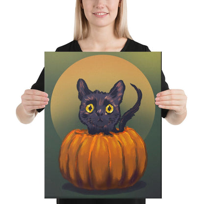 "Pumpkin Cat": Painting of a Black Cat in a Pumpkin [Unfoiled]