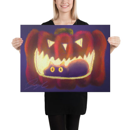 "Black Cat in a Jack o' Lantern": Painting of a Black Cat in a Glowing Pumpkin [Unfoiled]