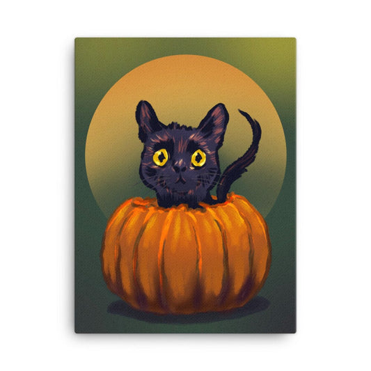 "Pumpkin Cat": Painting of a Black Cat in a Pumpkin [Unfoiled]