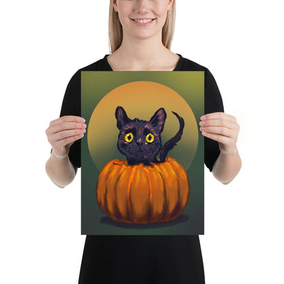 "Pumpkin Cat": Painting of a Black Cat in a Pumpkin [Unfoiled]