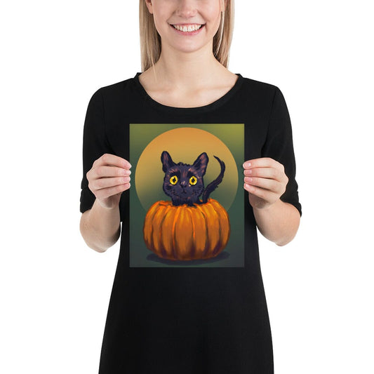 "Pumpkin Cat": Painting of a Black Cat in a Pumpkin [Unfoiled]